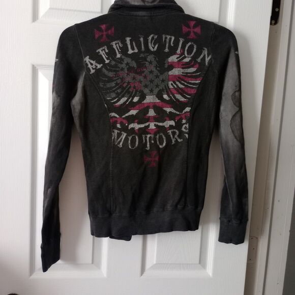 Affliction Motors Jacket Womens Gray Spell Out Zip up Size Medium Zippers - Picture 1 of 4